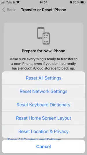 Resetting network settings on iphone